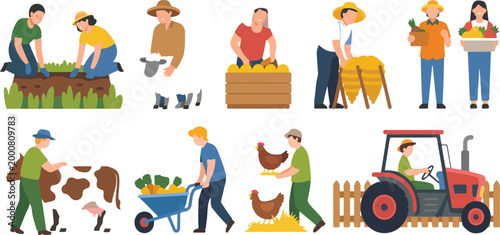 Farm life people vector farmers with animals harvesting season woman feeding chickens couple with basket tractor agriculture illustration