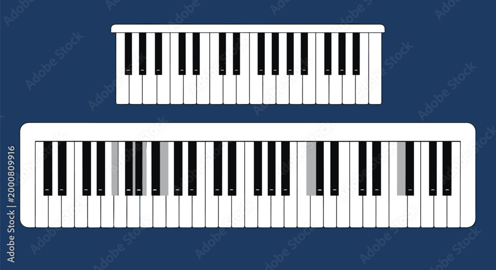 Fototapeta premium Two types of piano keyboards showing a full-size digital piano and a shorter synthesizer on deep blue background for music education.