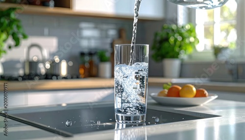 Fresh Water Pouring into a Clear Glass on a Kitchen Countertop.