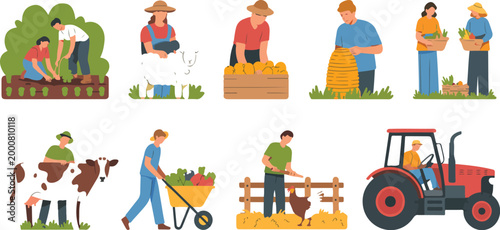 Farm life people vector farmers with animals harvesting season woman feeding chickens couple with basket tractor agriculture illustration
