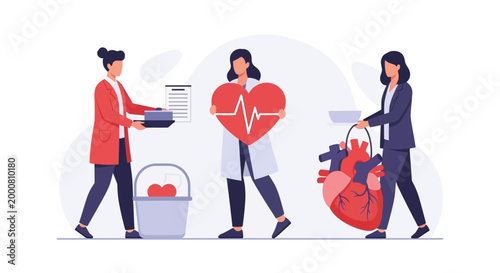 Organ Donation Concept: Doctors Carry Heart, Medical Records, and Donor Bucket