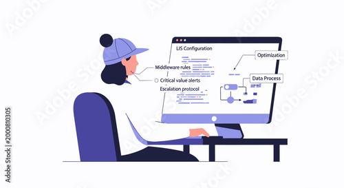 Programmer woman working on computer with code and diagrams, software development concept