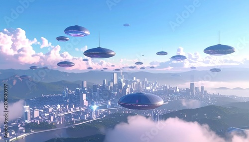 Futuristic Cityscape with Flying Saucers Overlooking a Metropolis.