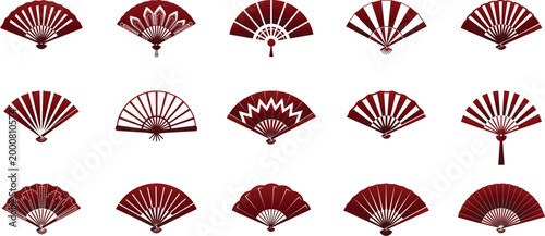 Black hand fan icon set clipart collection, japanese style fan, spanish fan, lace fan, traditional folding hand fan, different variations.