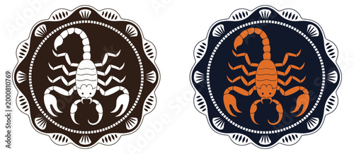 Scorpion label belt buckle old west cowboy style tag design stylized silhouette vector illustration, classic western rodeo buckle emblem featuring bold scorpion motif, metallic engraved decorative tag