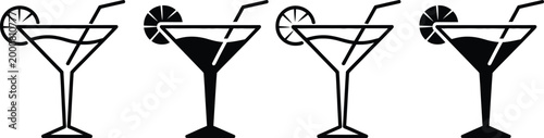 Sequence of martini glasses with varying levels of ice and liquid content