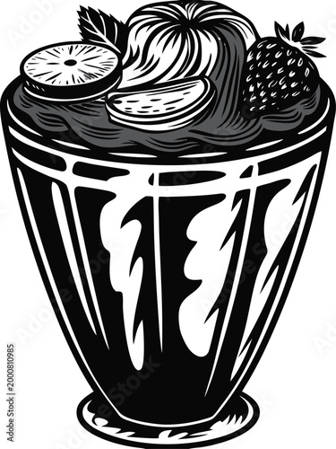 Black and white illustration of chocolate mousse dessert with fruit, chocolate mousse, dessert, fruit, vector graphics
