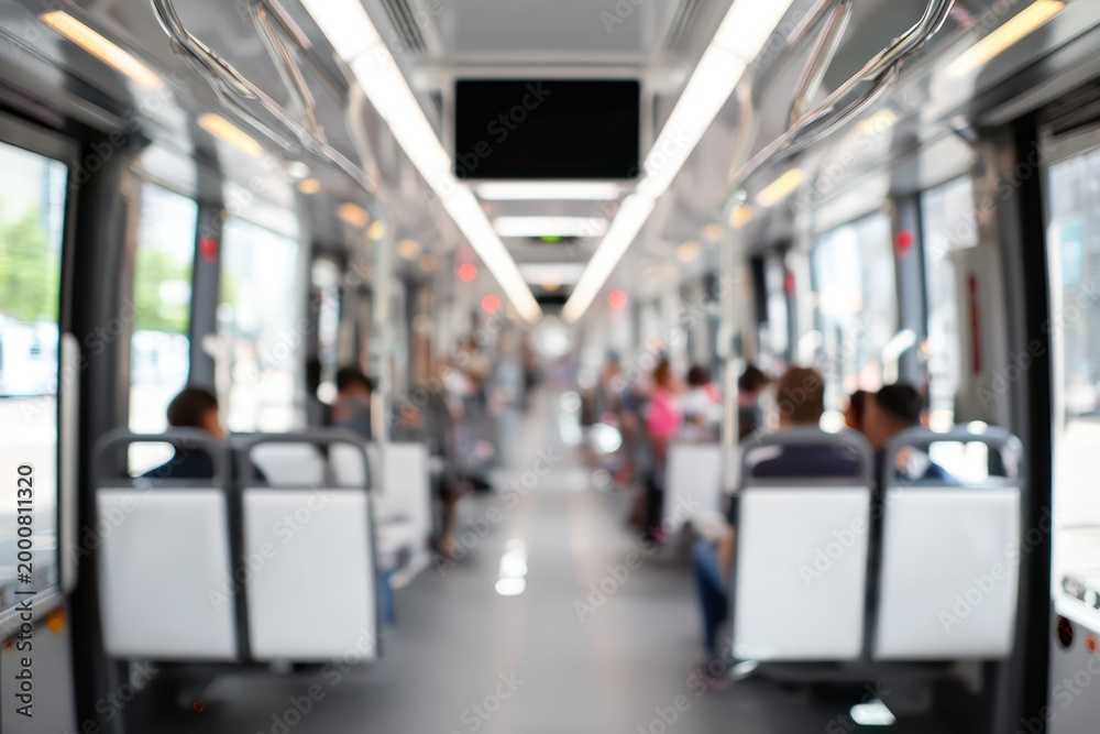 Obraz premium Tram interior with passengers and mockup screens