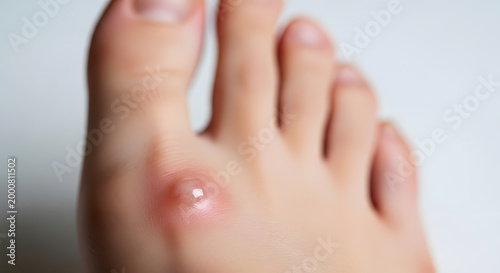 Close up of human foot with blister on toe joint skin