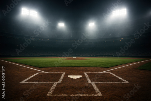 Dramatic baseball field stadium at night. Bright light shines through mist over an empty home plate. moody low angle view of professional sport diamond