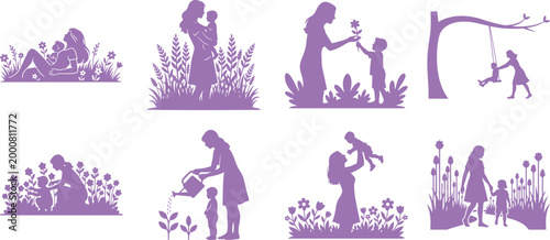 Silhouettes of mothers and children engaged in various outdoor activities and bonding moments. silhouette vector illustration
