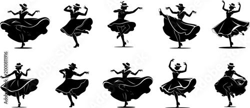 Female tap dancer silhouettes collection, stylish hat and flared skirt different variations, dynamic footwork pose.