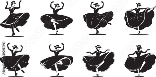 Female dancer silhouette collection, lady silhouette, flowing dress elegant performance pose set, vector style.