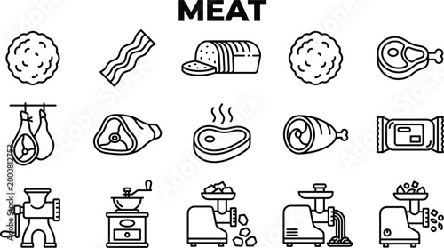 Meat processing and food preparation concept with butcher cuts sausages grinder cooking tools and protein products icons collection