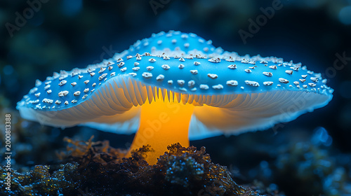 Close-up of a bioluminescent mushroom cap, its gills emitting a soft, green glow in a controlled lab setting, captured with cinematic photography, emphasizing the fungal luminescence 
