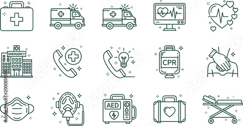 Minimalist line art vector icon set for medical emergency, first aid, ambulance transport, CPR rescue, and hospital intensive care unit