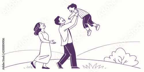 Minimalist line art illustration of a loving family playing in a park with happiness parenting childhood together lifestyle illustration minimalist monochrome recreation affection daughter