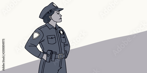 Portrait of a female police officer in uniform standing firmly with enforcement professional authority security protection official policewoman character standing uniformed government