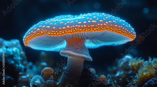 Close-up of a bioluminescent mushroom cap, its gills emitting a soft, green glow in a controlled lab setting, captured with cinematic photography, emphasizing the fungal luminescence 