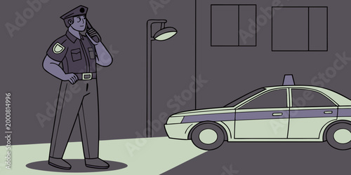 Police officer standing by patrol car at night illustrative graphic with policeman enforcement security protection patrolman communication authority official profession illustration standing