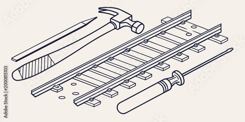 Isometric railway construction tools with tracks and hammer construction isometric railroad industry maintenance infrastructure engineering equipment technician professional instrument
