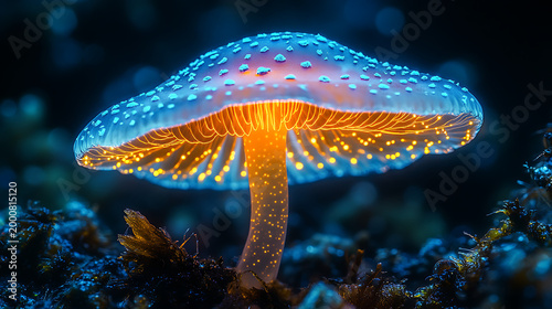 Close-up of a bioluminescent mushroom cap, its gills emitting a soft, green glow in a controlled lab setting, captured with cinematic photography, emphasizing the fungal luminescence 