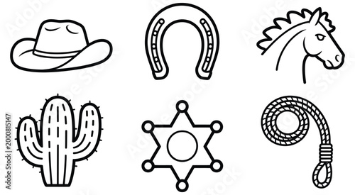 Set of cowboy hat horseshoe horse head cactus sheriff badge and lasso in simple black outlines vector illustration, western ranch themed icon collection for rodeo branding rustic signage and country 