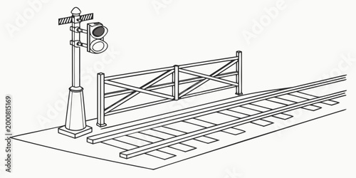 Train crossing signal and barrier on railway tracks line drawing with crossing illustration transportation infrastructure monochrome railroad construction logistics industrial navigation