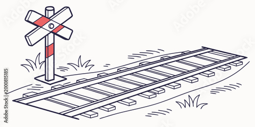 Hand drawn railroad crossing signal and tracks illustration with safety measure railway crossing railway track railway sign railroad crossing transportation illustration transport junction