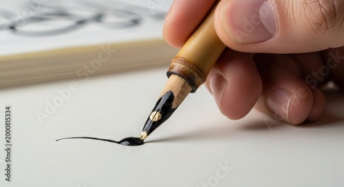 Handwriting practice with fountain pen on clean paper creating elegant letters. Artist engages in handwriting practice using classic fountain pen, creating smooth lines on white page.