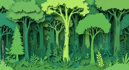 Vibrant green forest with trees and foliage in various shades