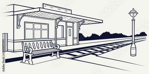 Empty railway station platform with wooden bench and street lamp platform railroad transportation infrastructure architecture building traveling illustration exterior perspective passenger