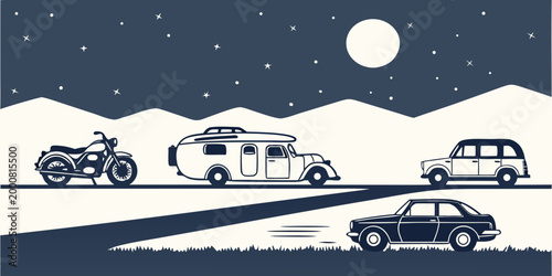 Nighttime travel landscape featuring classic cars and a motorcycle under a moonlit sky with stars landscape motorcycle adventure vacation nighttime vehicles transportation automotive graphics