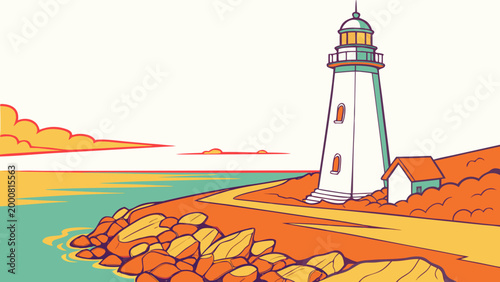 Stylized flat graphic illustration of a lighthouse on a rocky coastline at sunset with flat design summer evening travel destination lighthouse seascape nautical navigation landscape building