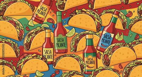 Tacos and salsa picante bottles colorful Mexican food pattern
