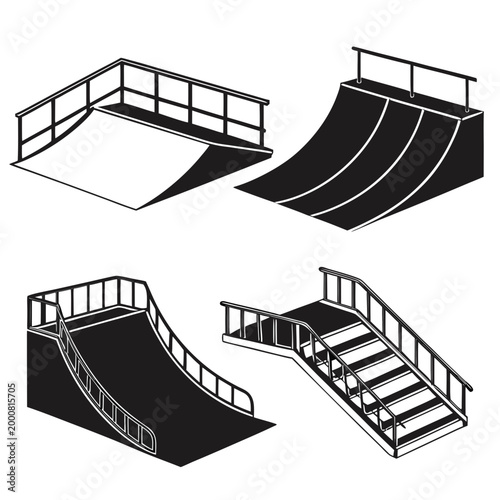 Isometric skate park elements collection featuring ramps and stairs for extreme sports skatepark isometric obstacle equipment platform infrastructure recreation activity concrete training