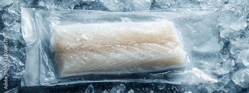 Fresh Cod Fillet Sealed in Vacuum Pack Preserving Quality on Ice for Optimal Freshness in Culinary Applications