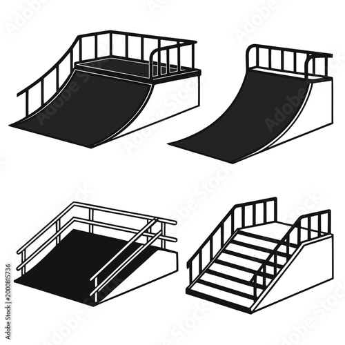Collection of skate park ramps and stair obstacles for extreme sports vector graphics with skatepark obstacle platform construction equipment recreation activity training facility isometric