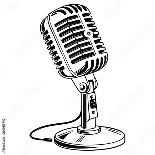 Vintage Microphone, Retro Radio Mic, Black and White Illustration, Vector Graphic