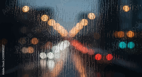 Rainy night city lights through wet windowpane at dusk