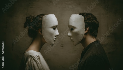 Balanced Relationship: Masked Woman And Man Portraying A Variety Of Emotions In Their Interaction And Expression.