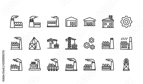 Industry and energy outline icon set factory power station construction manufacturing vector isolated on white background