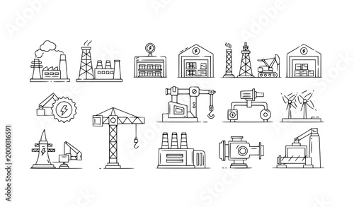 Modern industry outline icon set energy power plant manufacturing construction vector collection isolated on white background