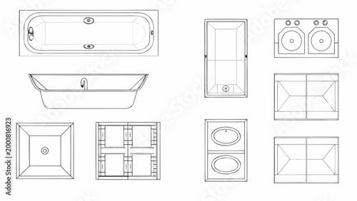 clean line art illustrations of various bathroom fixtures on white background high quality professional detailed