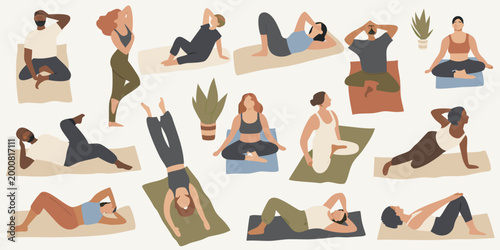 illustration of diverse people practicing yoga poses on mats high quality professional detailed modern elegant