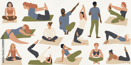 illustration of diverse people practicing yoga poses on mats high quality professional detailed modern elegant