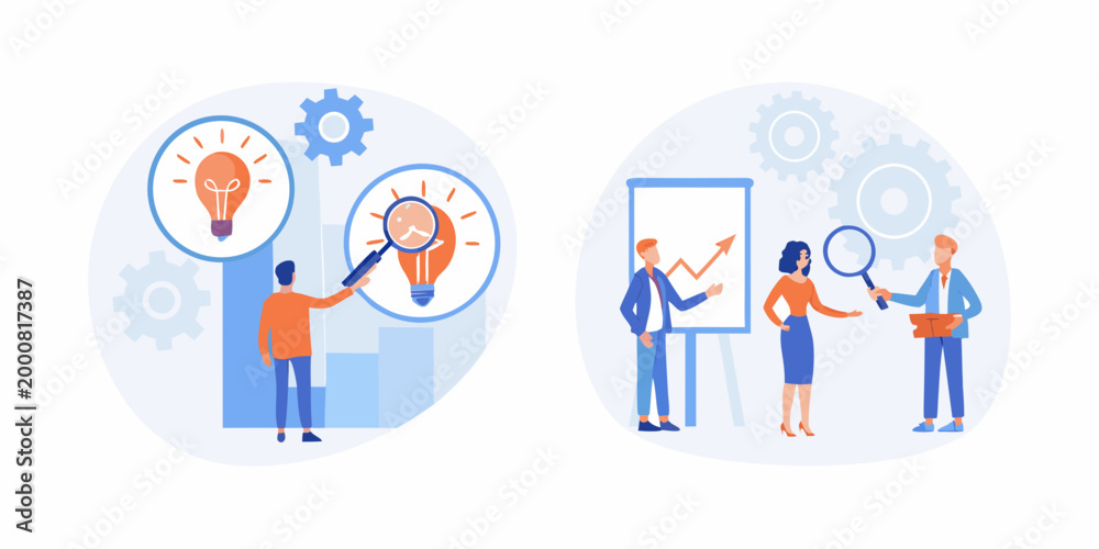 Fototapeta premium diverse team collaboration in flat vector panels with lightbulbs and gears high quality professional detailed