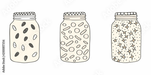 three hand drawn jars with preserved contents on white background high quality professional detailed modern