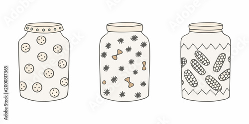 three hand drawn jars with preserved contents on white background high quality professional detailed modern