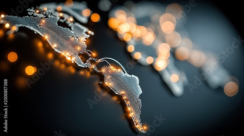 Futuristic Digital North & South America World Map with Glowing Global Network Connections, Tech Bokeh Background for International Business, Data Communication, Digital Strategy Visuals